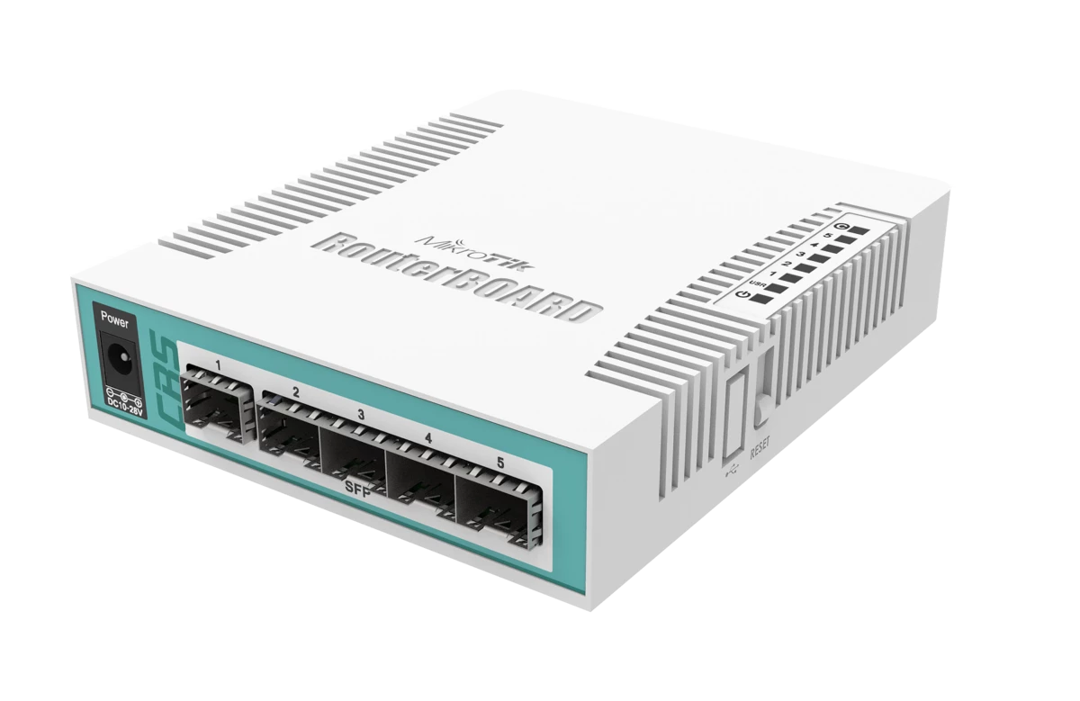CRS106-1C-5S Smart Switch, 5x SFP cages, 1x Combo port (SFP or Gigabit Ethernet)
