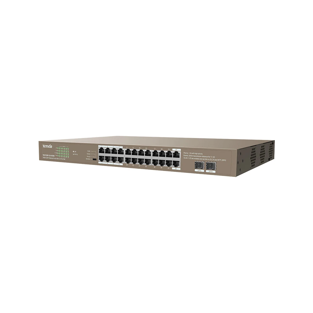 TEG1126P-24-410W is a unmanaged PoE switch independently. IEEE 802.3af and IEEE 802.3at standards